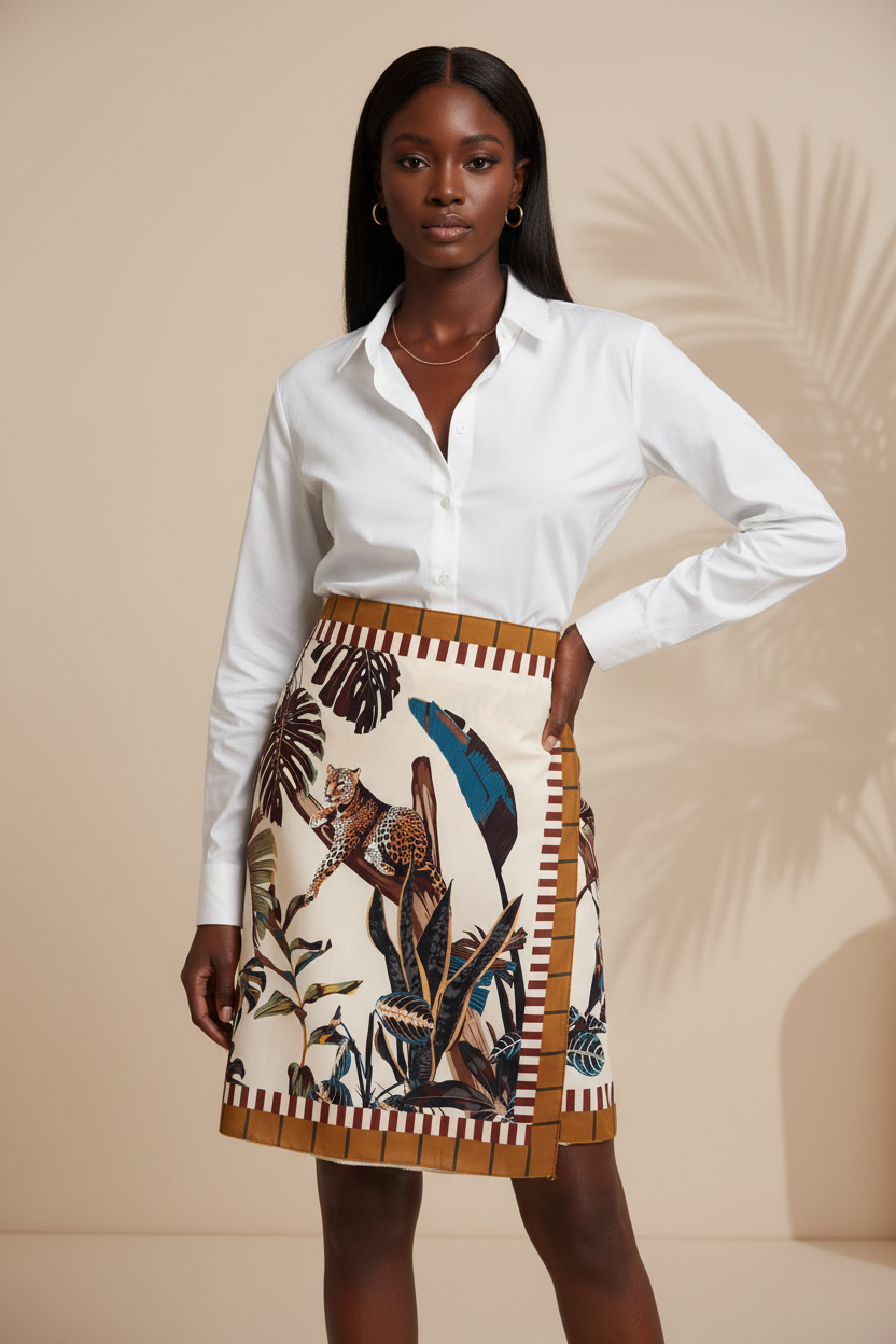 Modelo con falda corta y camisa blanca