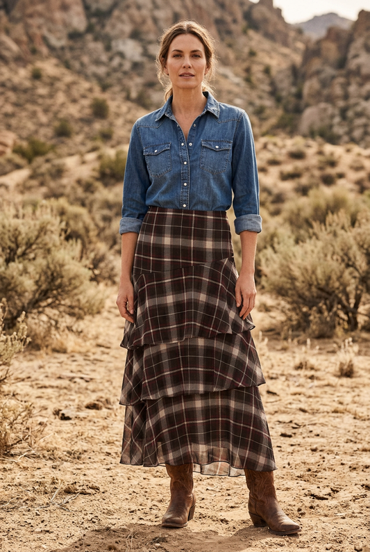 Modelo con falda de cuadros, camisa vaquera y botas camperas en un entorno árido