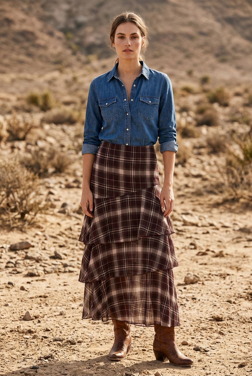 Modelo con falda de cuadros en tonos burdeos y marrón, camisa vaquera y botas camperas en un entorno árido