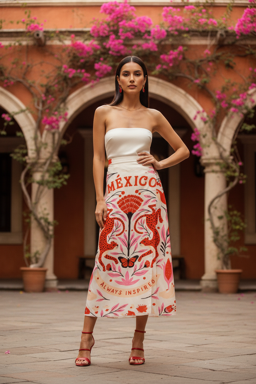 Modelo con falda México sin flecos