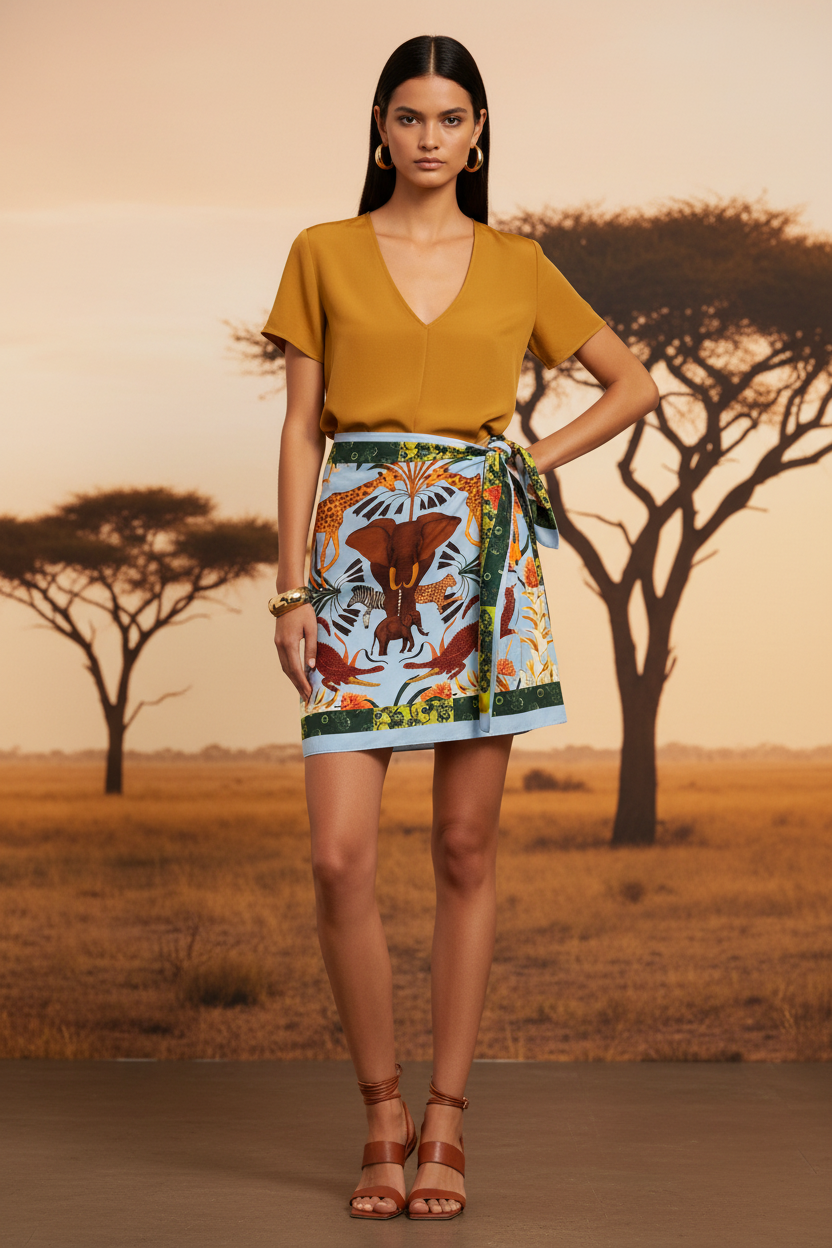 Modelo con falda safari y blusa amarillo mostaza