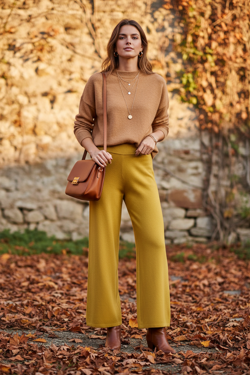 Modelo con pantalón mostaza de punto otoñal