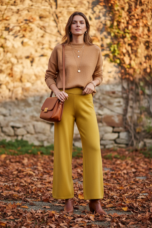 Modelo con pantalón mostaza de punto otoñal