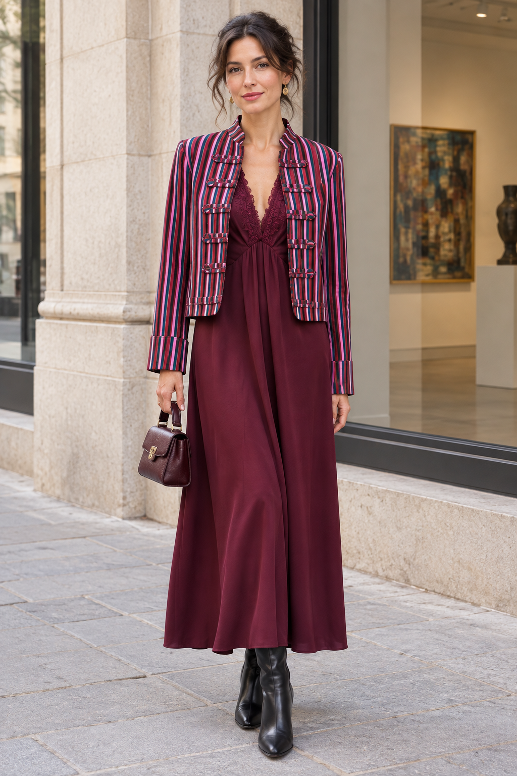 Modelo con vestido burdeos y chaqueta multicolor