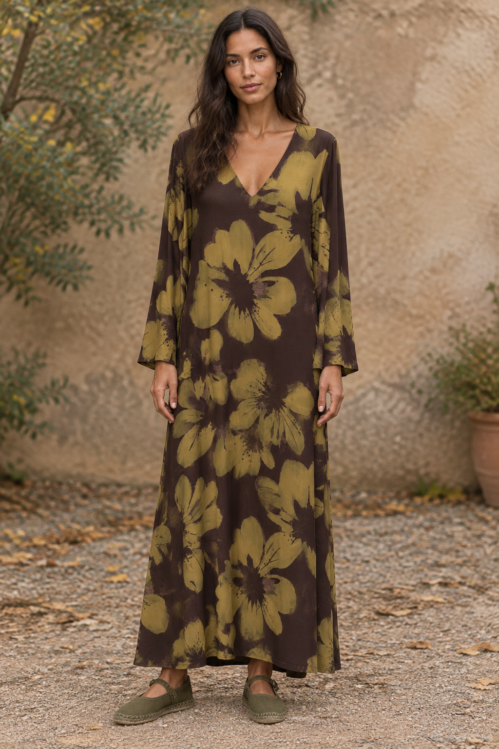 Vestido Seda Fría Manga Campana