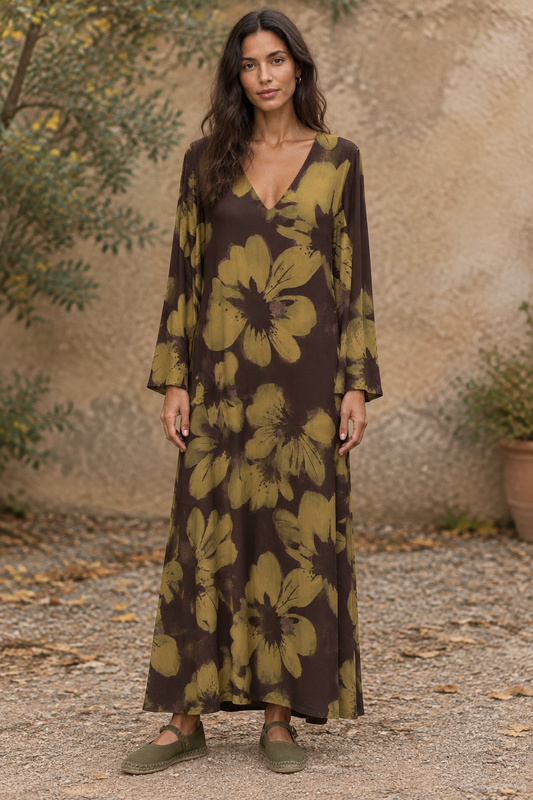 Vestido Seda Fría Manga Campana