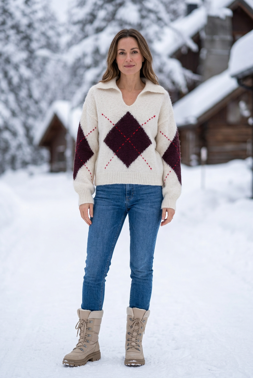 Modelo de cuerpo entero con jersey de rombos menos amplio, vaqueros y botas de nieve en un paisaje invernal
