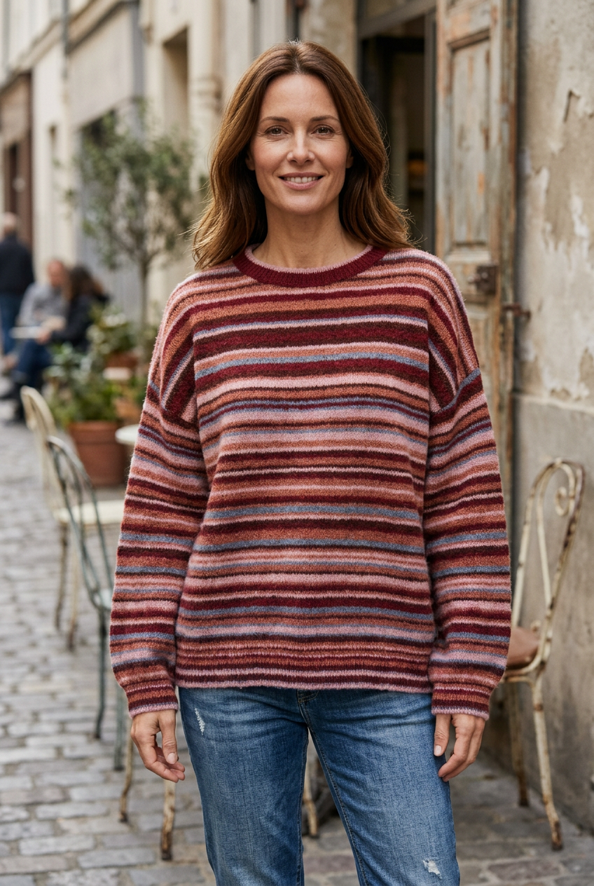 Modelo de unos 40 años con el jersey de rayas burdeos y rosa en un ambiente casual