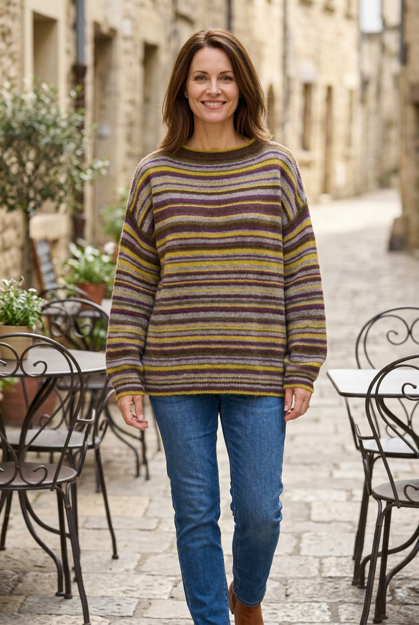 Modelo de unos 40 años con el jersey de rayas mostaza y morado en un ambiente casual
