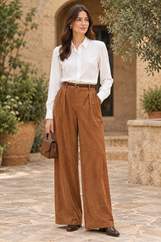 Modelo IA con pantalón de antelina camel y camisa blanca