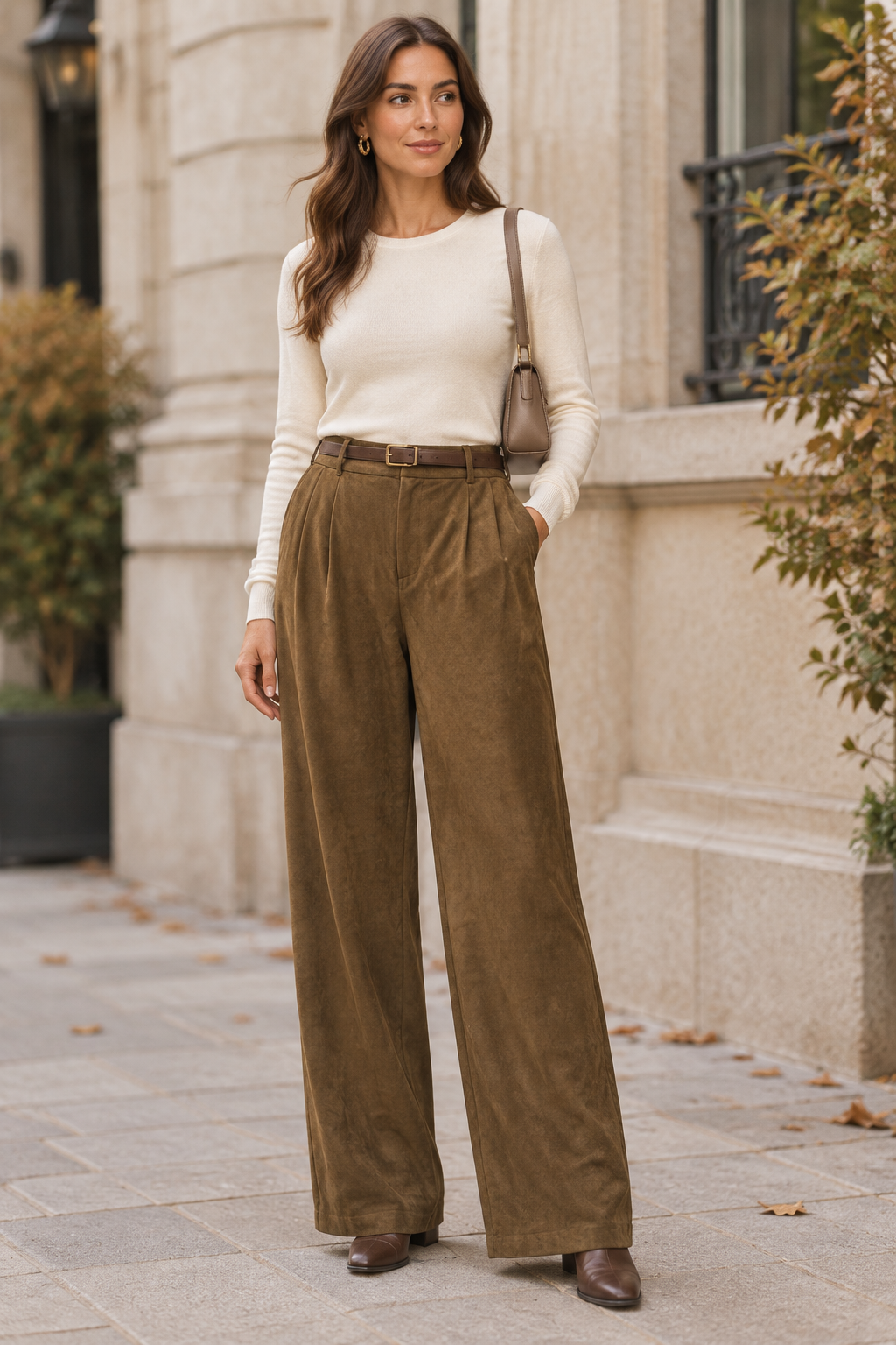 Modelo IA con pantalón de antelina marrón oliva y jersey marfil