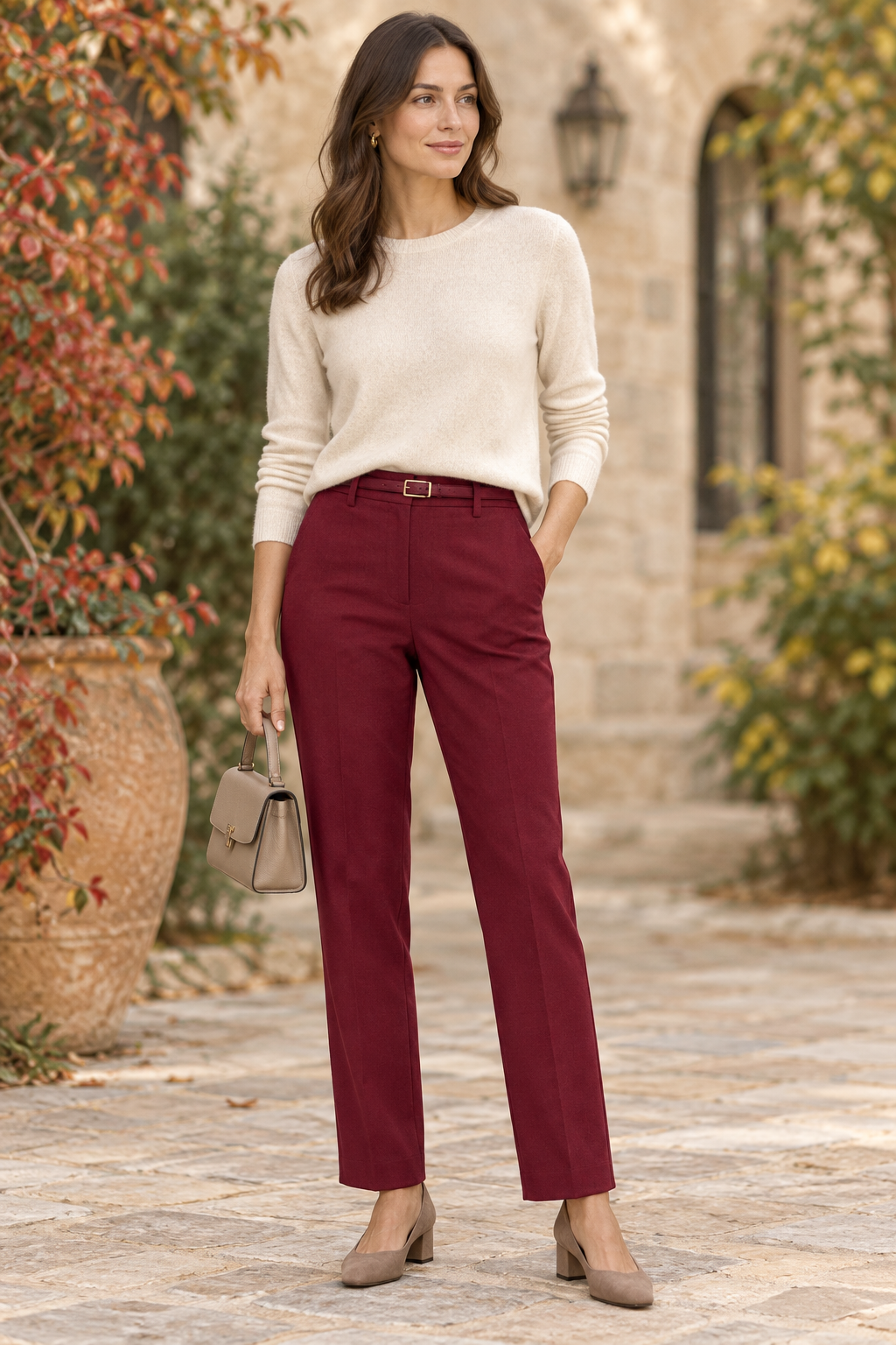 Modelo IA con pantalón sastre burdeos y jersey crema