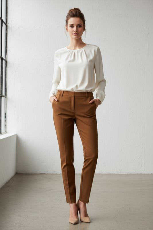 Modelo IA vista delantera pantalón camel con blusa