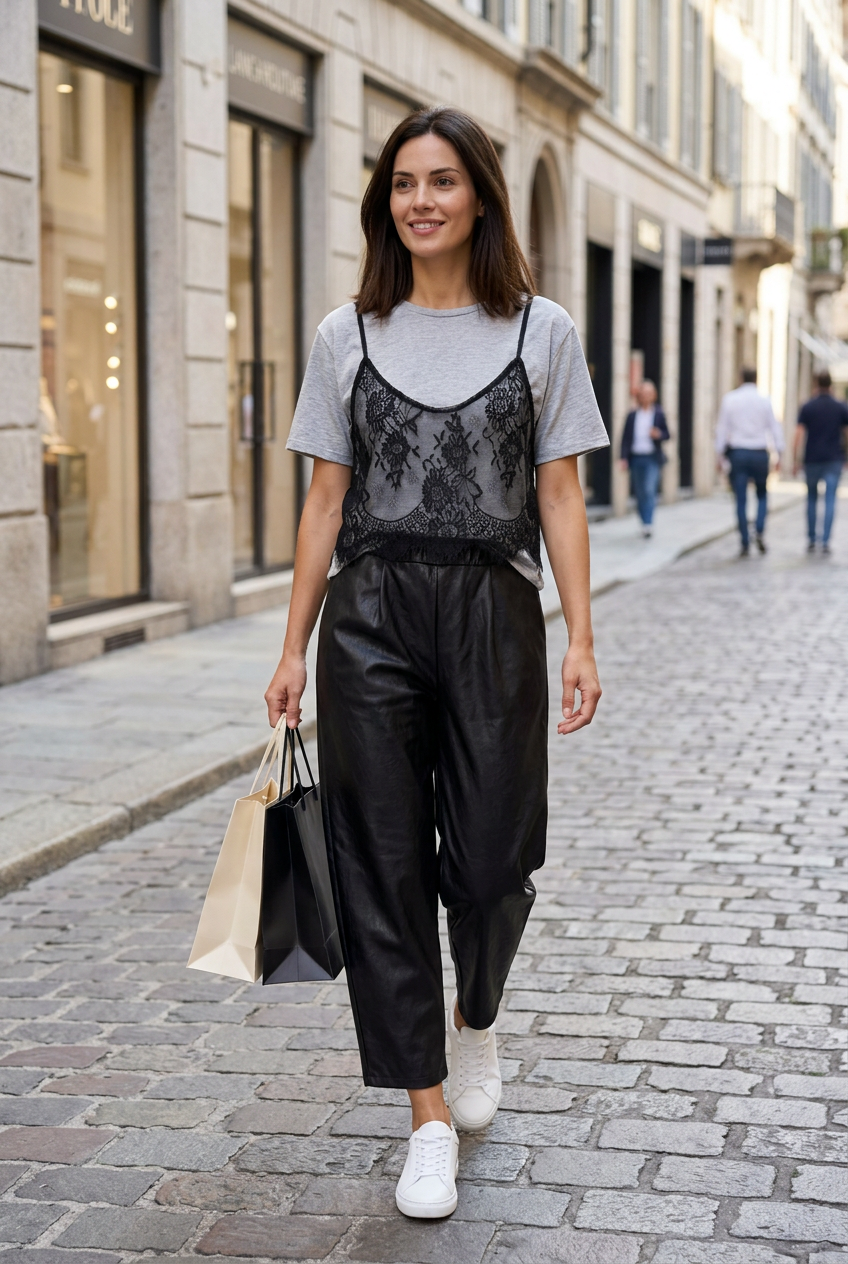 Modelo morena con camiseta gris y pantalón negro