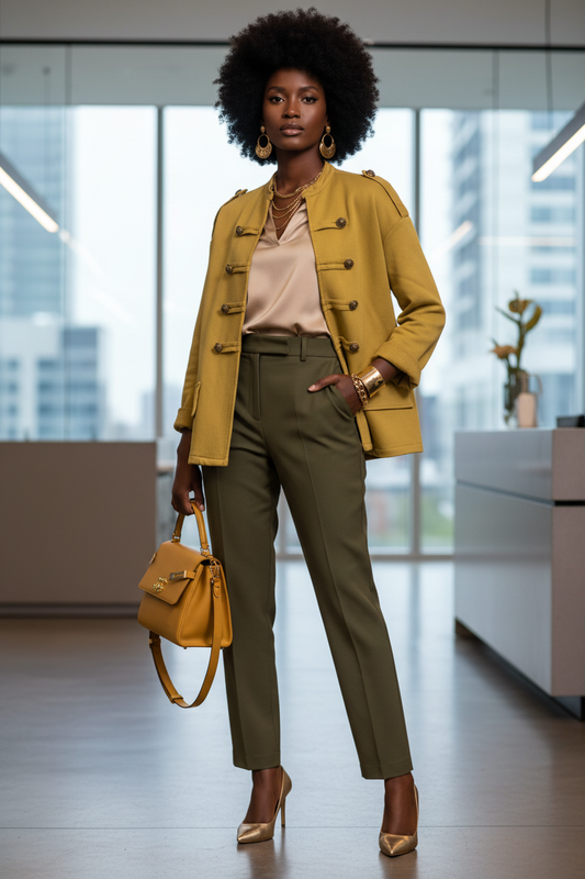Modelo negra con afro y chaqueta militar mostaza