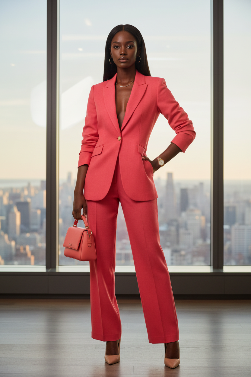 Modelo negra pelo liso con blazer coral corporativo
