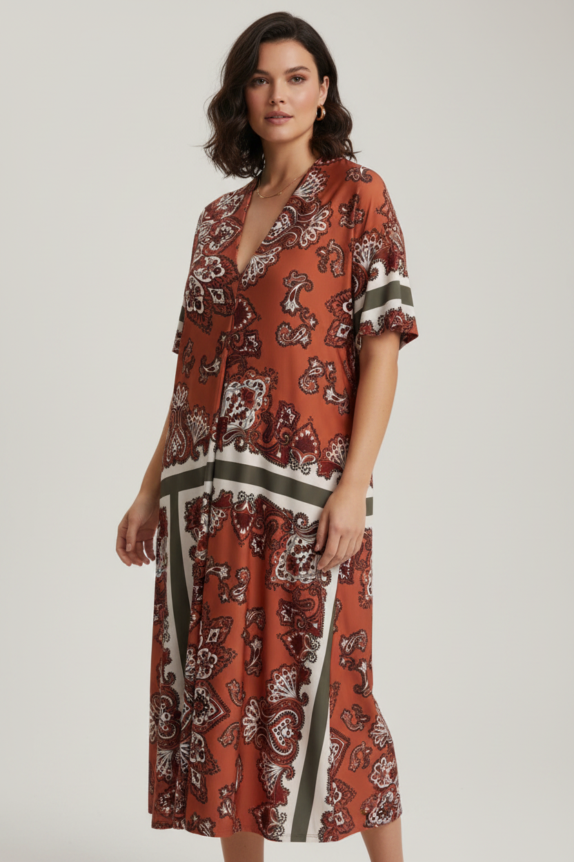 Modelo plus size kaftan terracota paisley