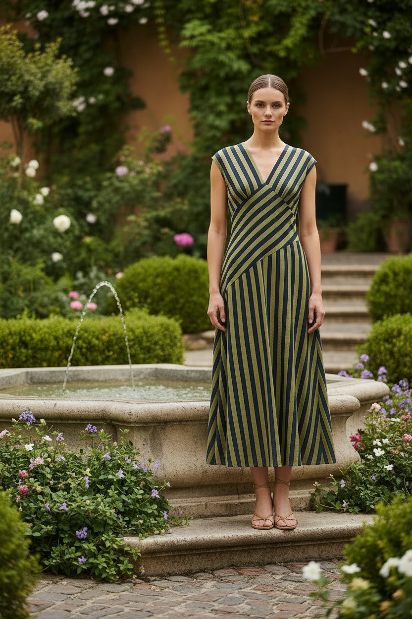Vestido Rayas Escote Pico con Pieza Cruzada