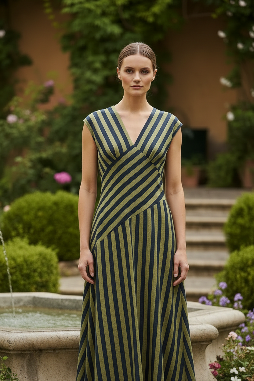Vestido Rayas Escote Pico con Pieza Cruzada
