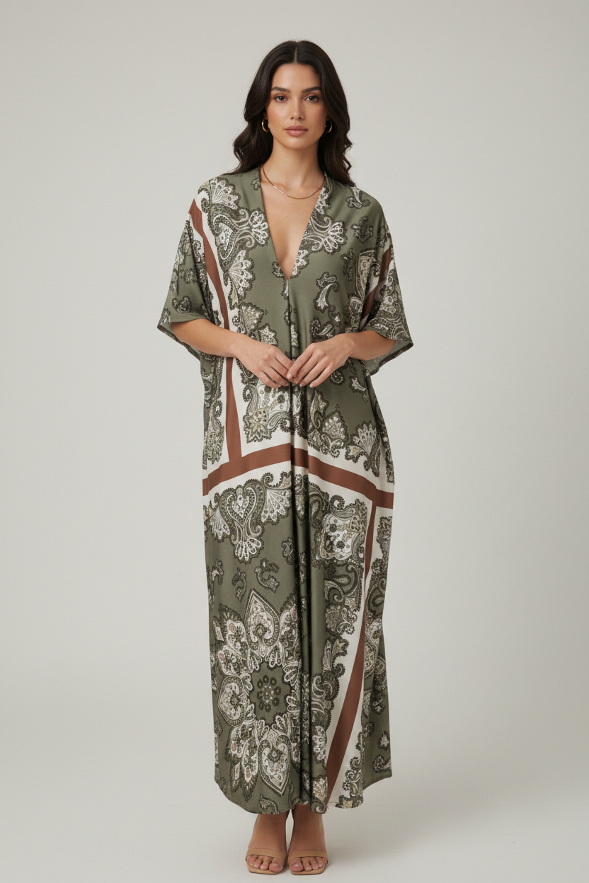 Modelo slim kaftan verde salvia paisley