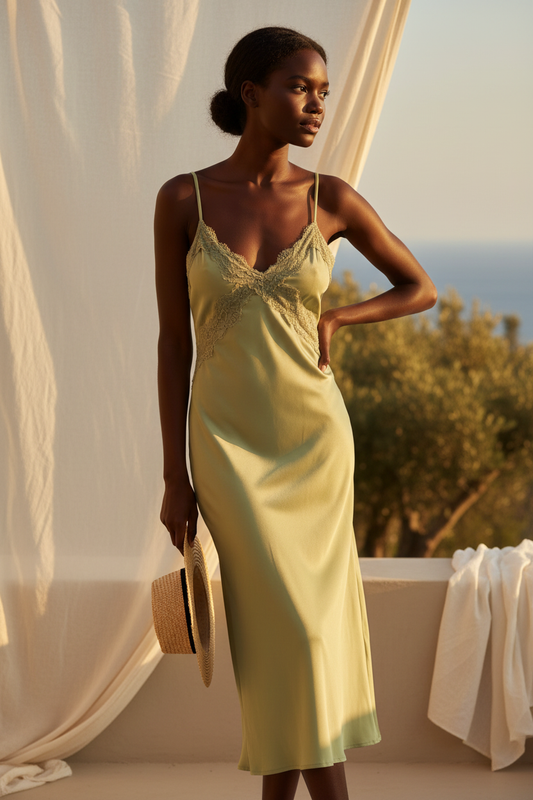 Modelo tez morena vestido verde midi