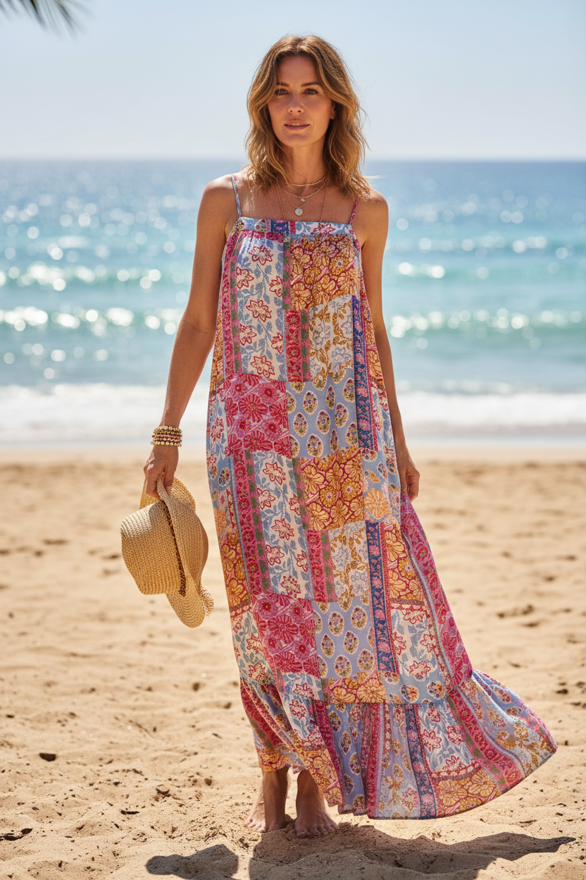 Mujer en ambiente playero con vestido floral patchwork