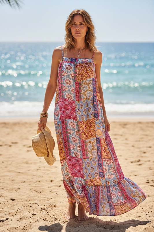 Mujer en ambiente playero con vestido floral patchwork