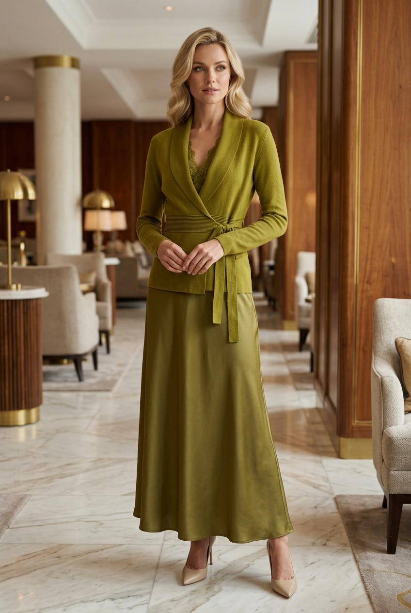 Mujer rubia de unos 30 años con la chaqueta cruzada y el vestido satinado de referencia, stilettos y un entorno chic y sofisticado