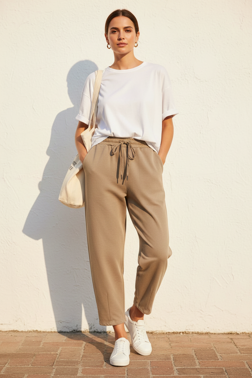 Pantalón barrel beige look casual urbano