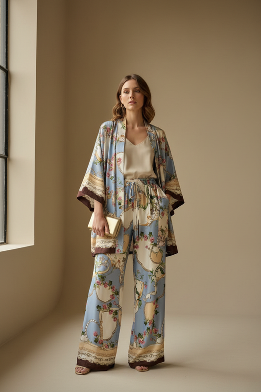 Pantalón satinado oriental floral cadenas