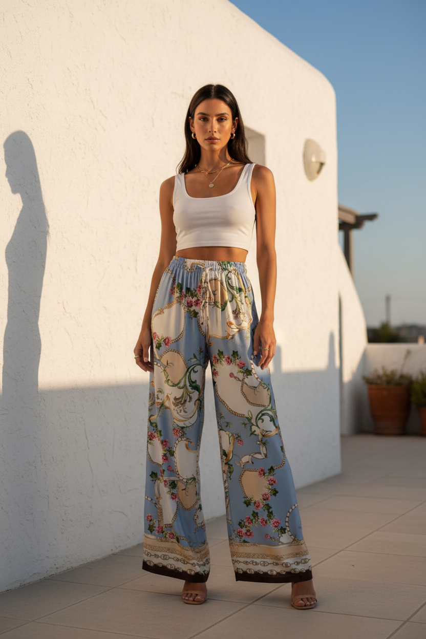 Pantalón satinado oriental floral cadenas
