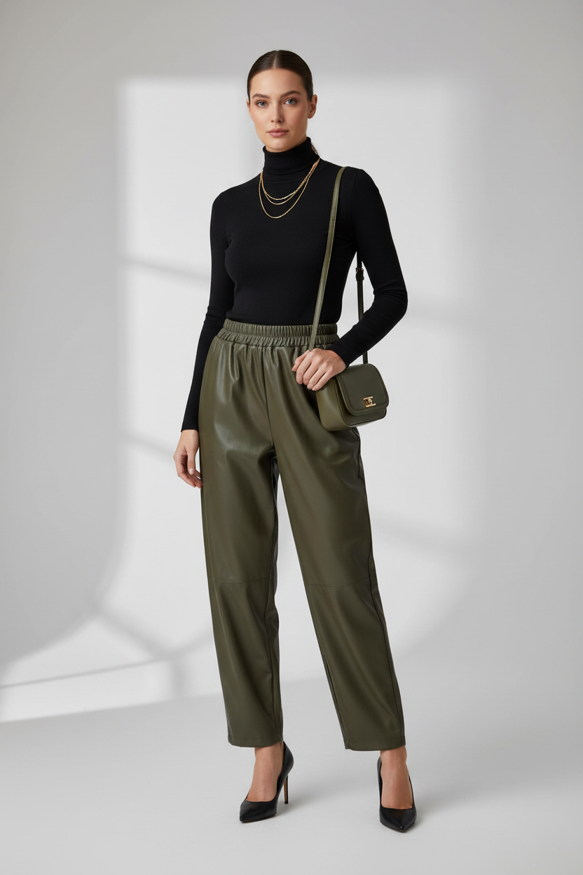 Pantalón polipiel oliva holgado