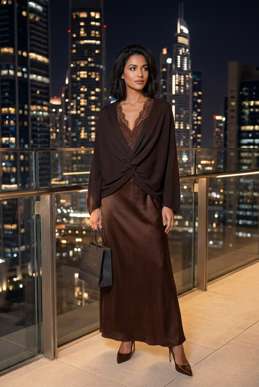 Primera imagen corregida con vestido lencero marrón bajo el poncho, stilettos y terraza nocturna entre rascacielos