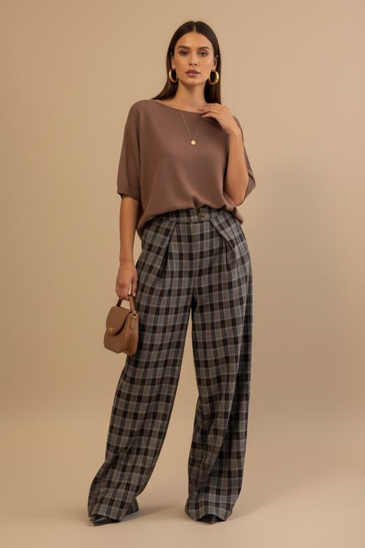 Top taupe palazzo tartán studio