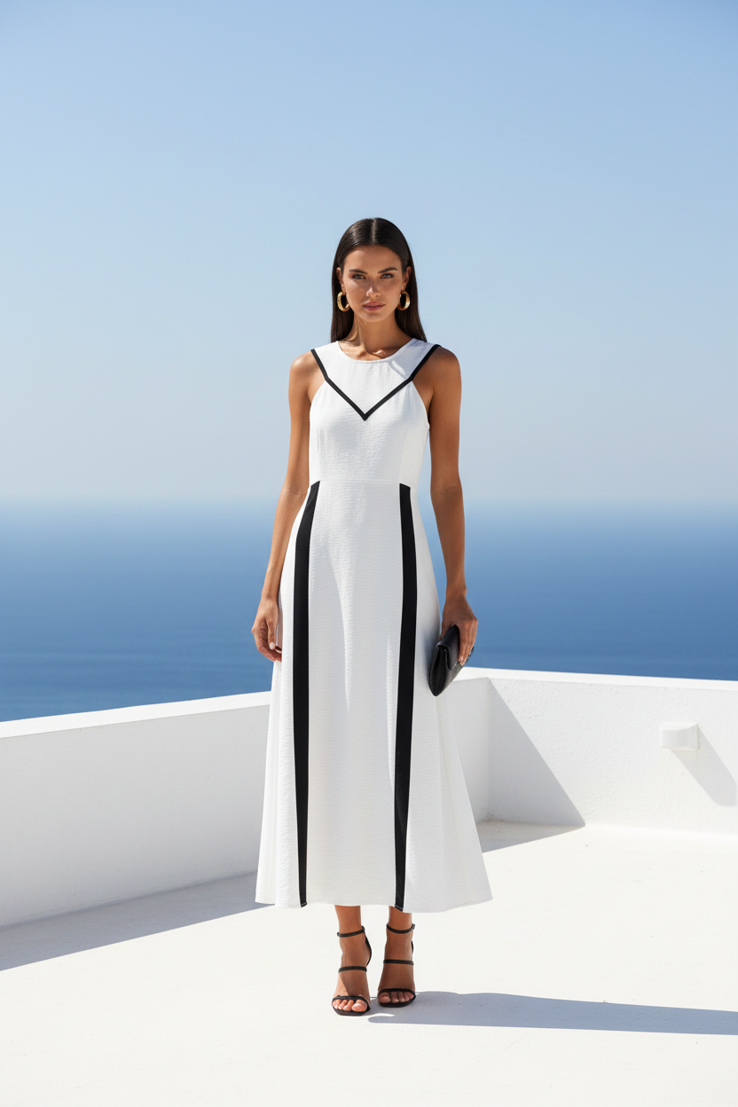Vestido blanco midi escote triángulo - terraza