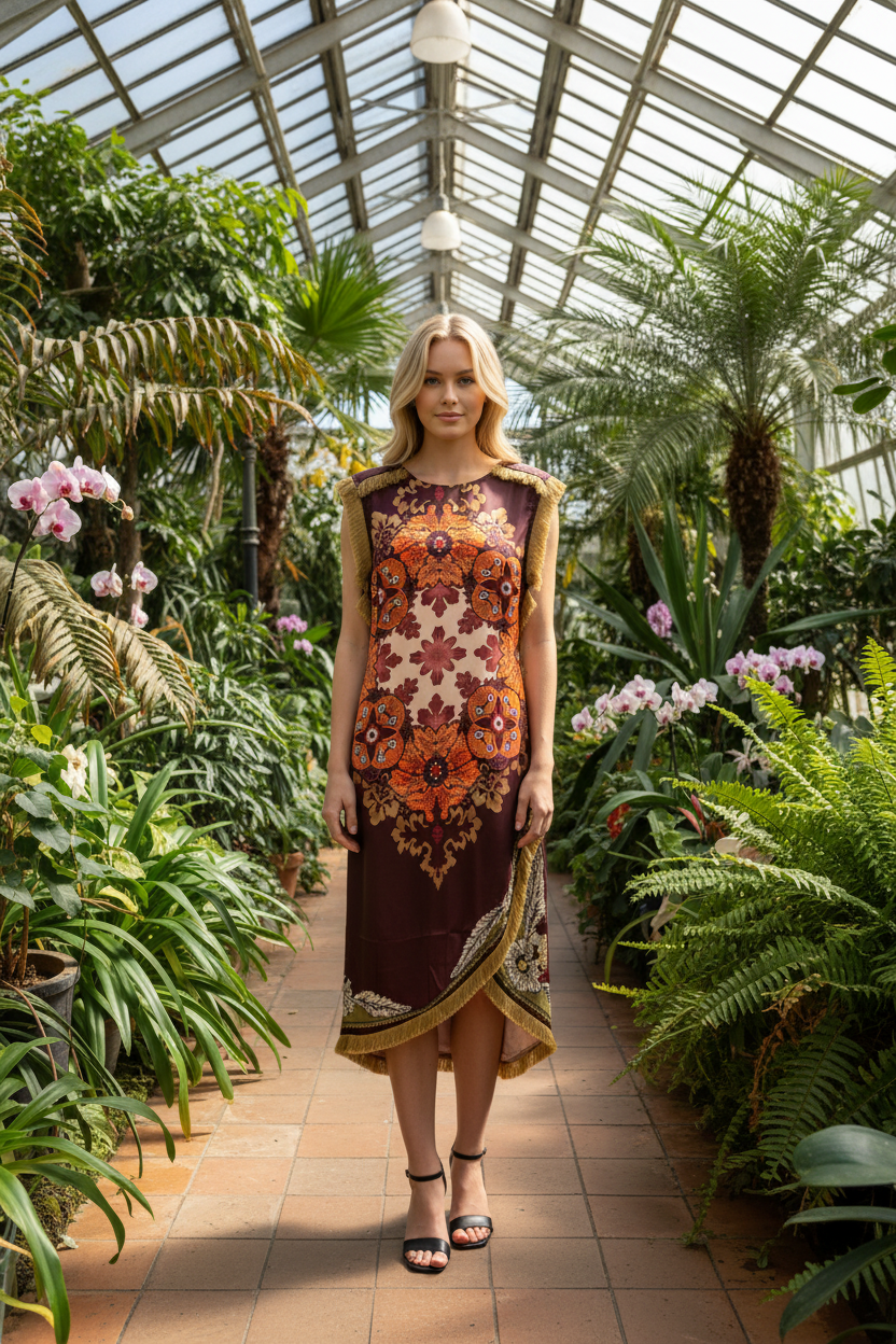Vestido estampado burdeos flecos