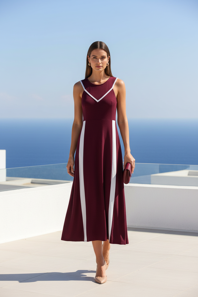 Vestido burdeos midi escote triángulo - terraza