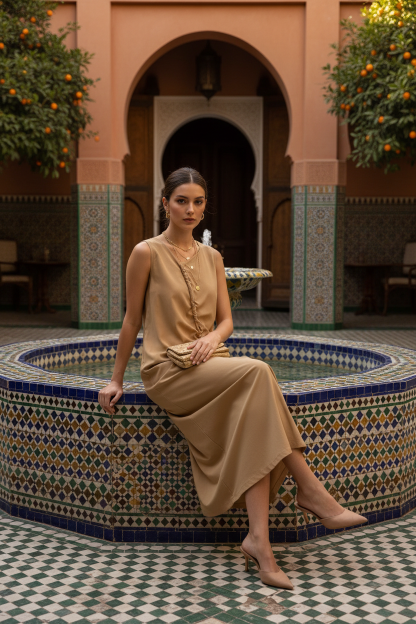 Vestido camel asimétrico - riad fuente