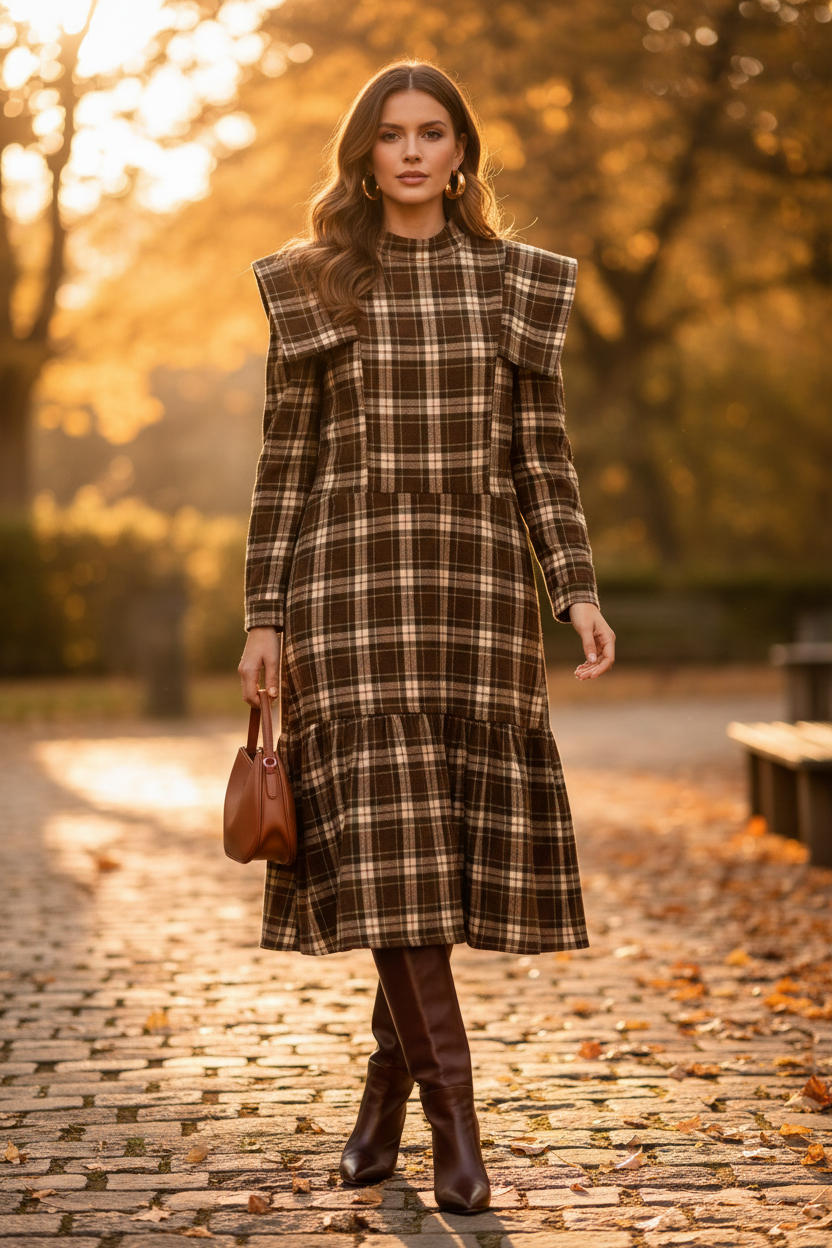 Vestido cuadros look otoño exterior