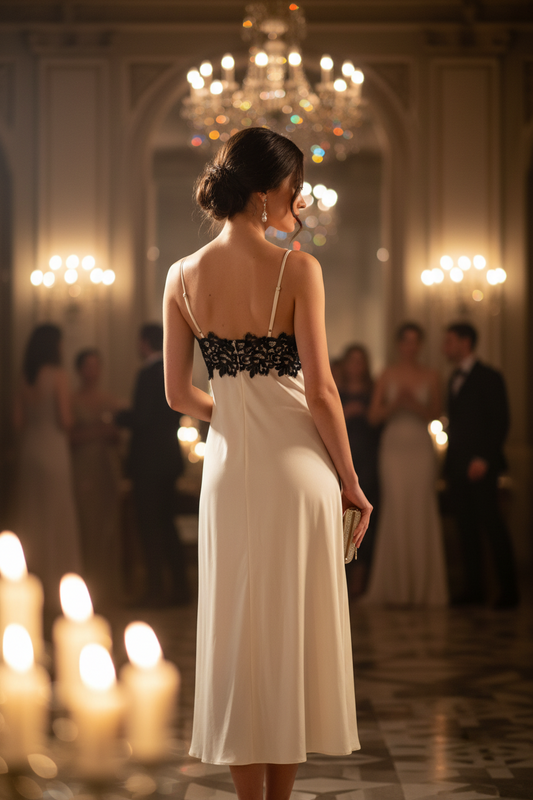 Vestido satinado encaje negro pecho