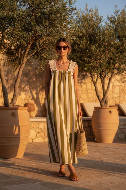 Vestido rayas oliva - terraza Ibiza