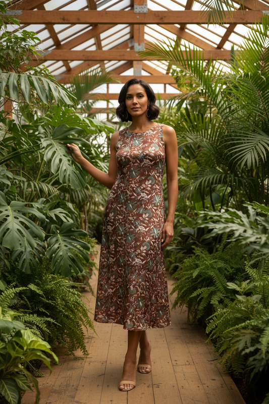 Vestido con estampado floral sobre fondo oscuro