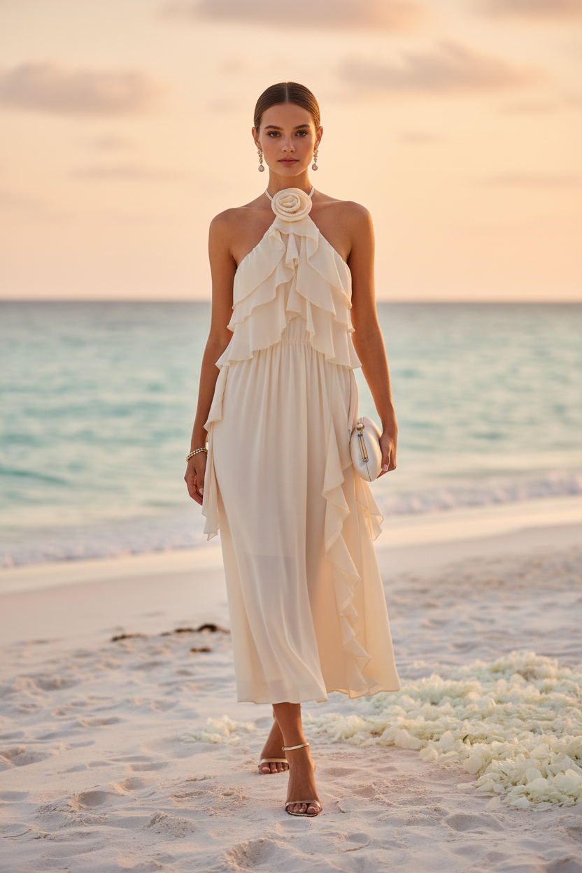 Vestido volantes flor midi - Playa